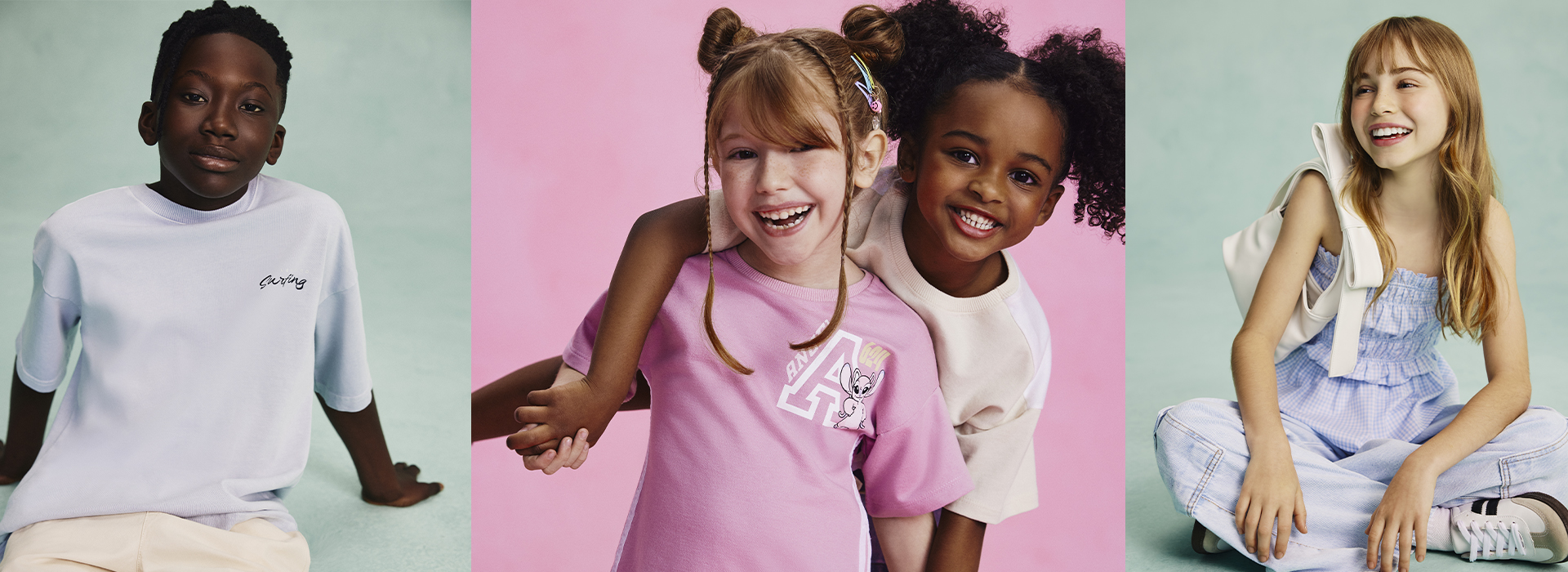 Montagem com três fotos: os quatro modelos vestem looks com peças da coleção de Dia das Crianças C&A, incluindo duas de linhas especiais do Stitch e da Hello Kitty
