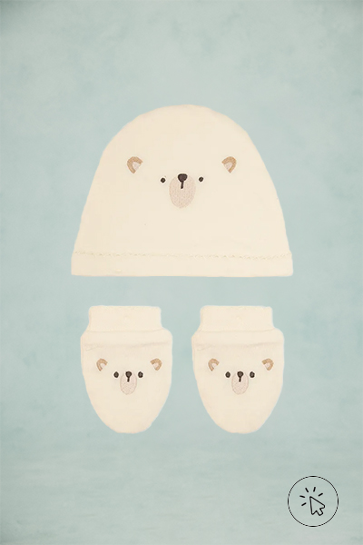 Kit bebê touca e luva urso off-white