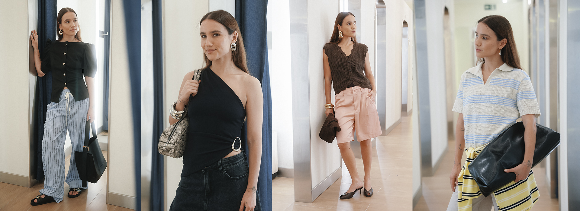 Montagem com quatro fotos da sylist Juliana Bordin vestindo looks da coleção TopHits C&A