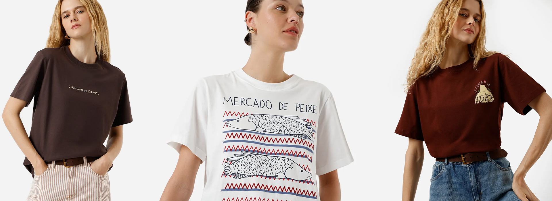 Montagem com três modelos vestindo looks da nova coleção em parceria com o Instituto C&A