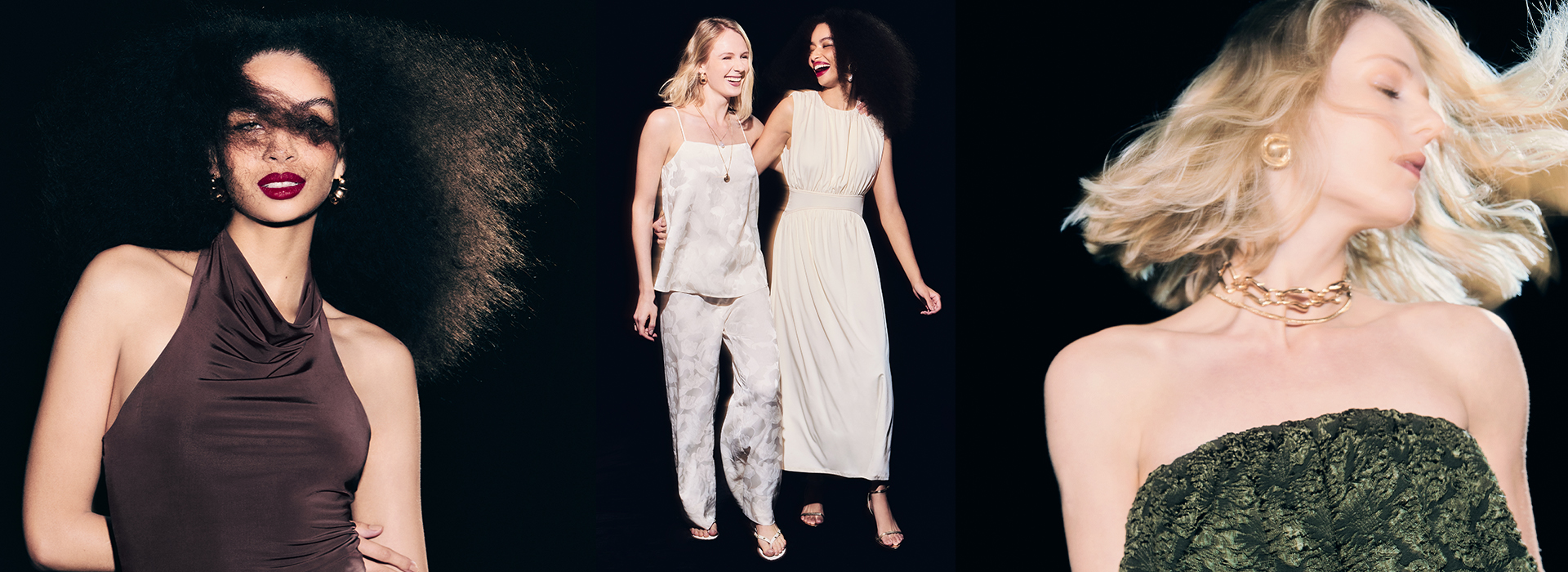 Montagem com quatro modelos vestindo looks com brilho da nova coleção de fim de ano da C&A