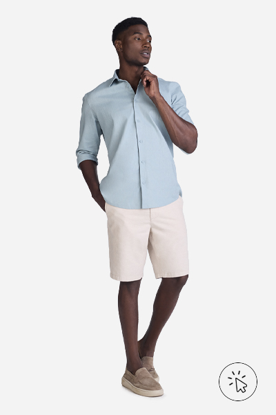 Modelo veste bermuda de alfaiataria off-white