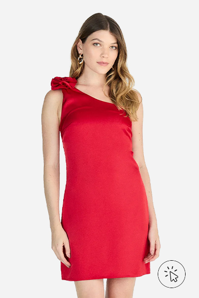 Modeo veste vestido curto ombro único com flor vermelho