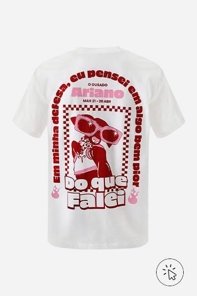 Modelo veste camiseta do signo de áries da collab de camisetas C&A + Marcia Sensitiva