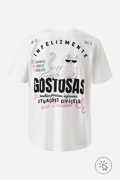 Modelo veste camiseta do signo de leão da collab de camisetas C&A + Marcia Sensitiva