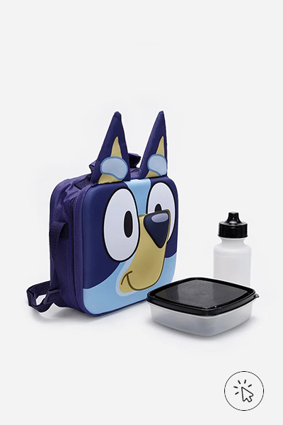 Lancheira infantil Bluey azul clara com pote e garrafinha