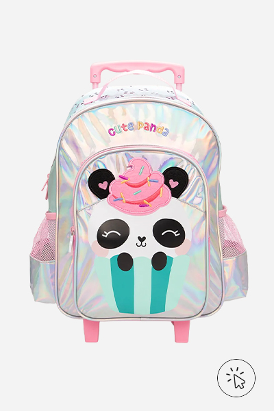 Mochila de rodinha infantil cute Panda holográfica colorida rosa