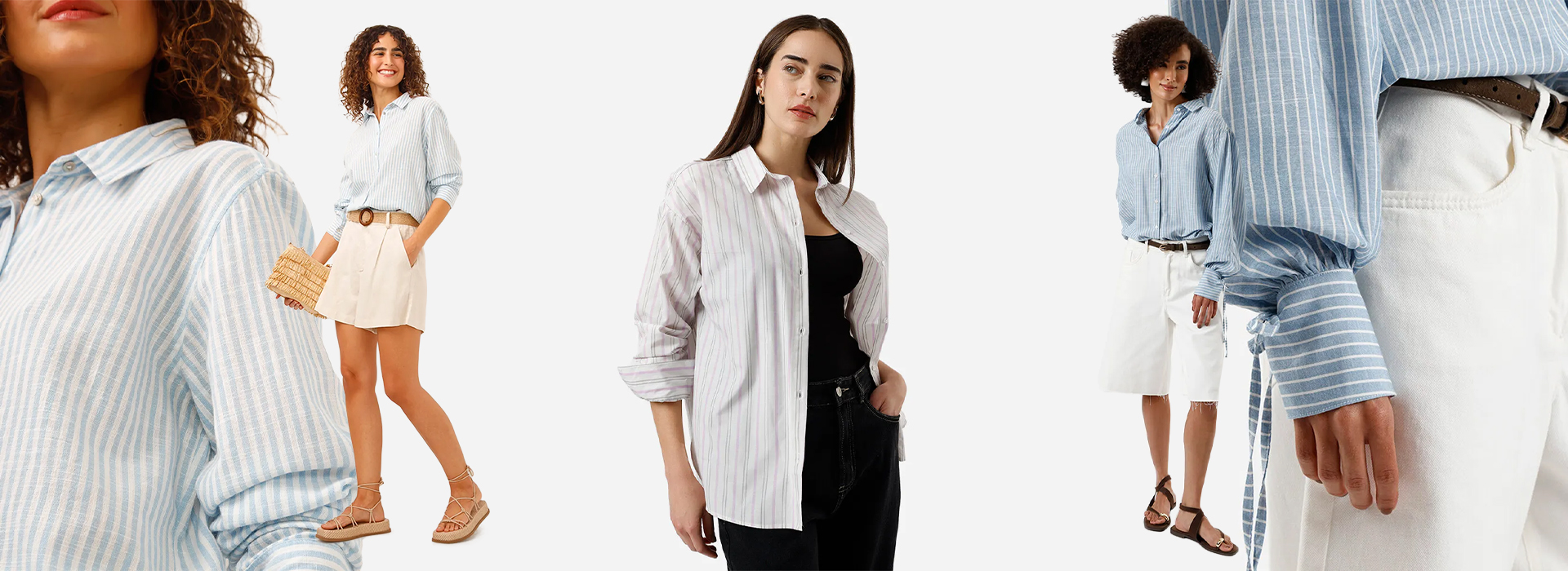 Montagem com três modelos vestindo camisas listradas. Nos cantos da capa, duas imagens em close destacam os detalhes das camisas e, ao centro, as modelos aparecem com os looks completos.