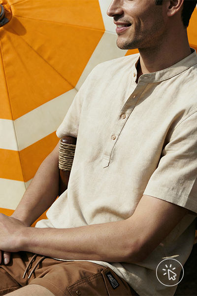 Camisa de linha masculina gola padre manga curta bege