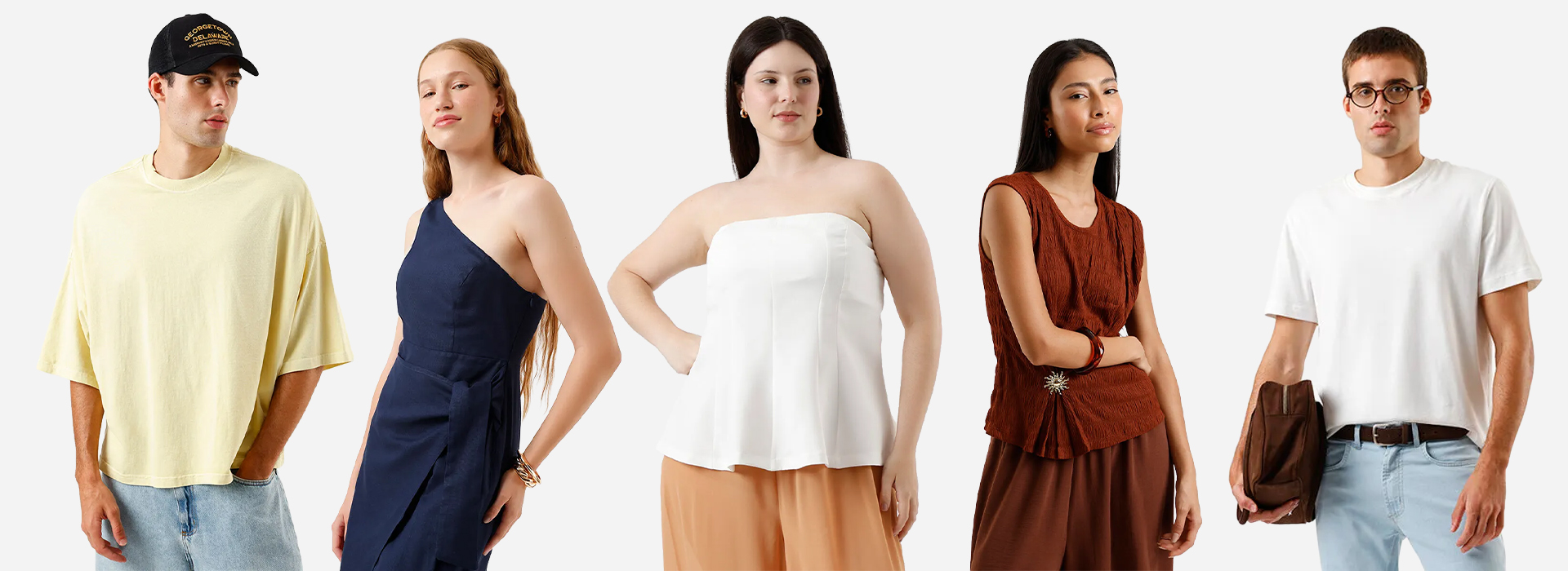 Montagem com 5 modelos usando looks com tons quentes e frios