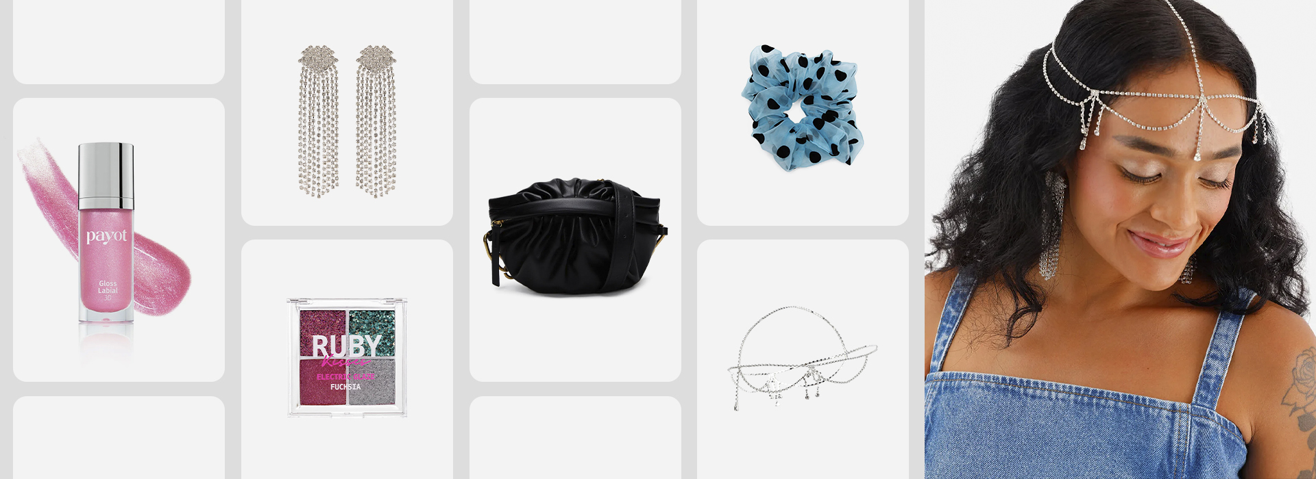Montagem com uma modelo com uma tiara de strass na cabeça. Ao lado dela, várias imagens de itens para o Carnaval: gloss, paleta de sombra, pochete, scrunchie e tiara.