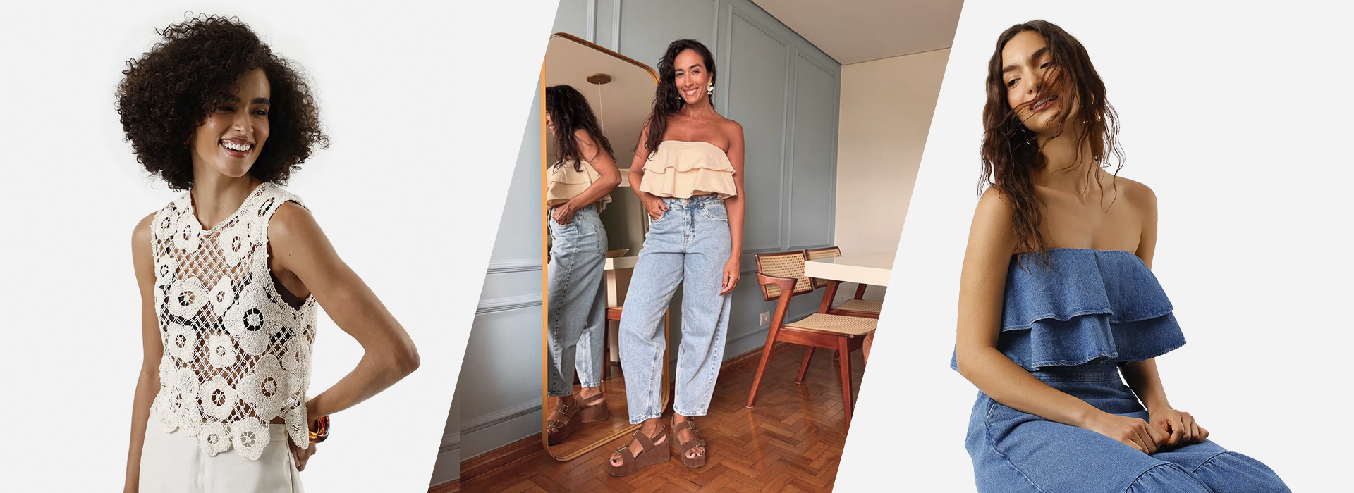 Montagem com Aline Kupty e duas modelos usando looks com blusinhas da C&A