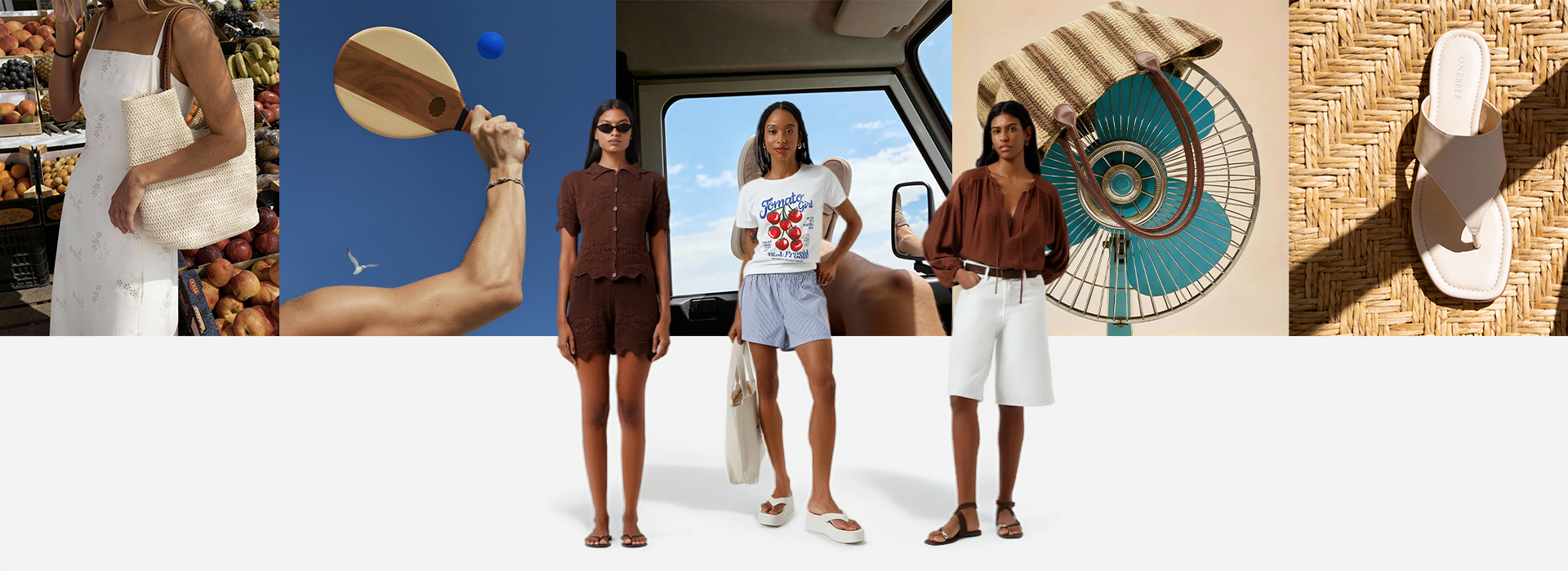 Montagem com fotos da campanha Favoritos de Verão e, na frente, três modelos usando looks descomplicados para o verão.