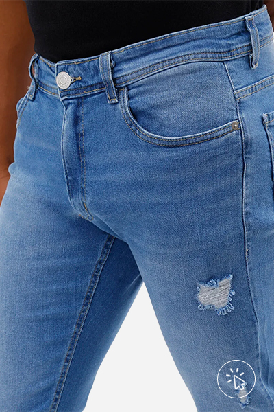 Detalhe de calça skinny jeans masculina destroyed azul médio - como lavar calça jeans