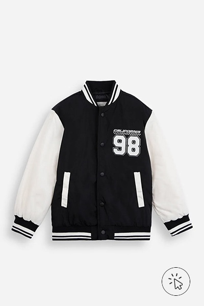 Jaqueta bomber infantil estampada preta
