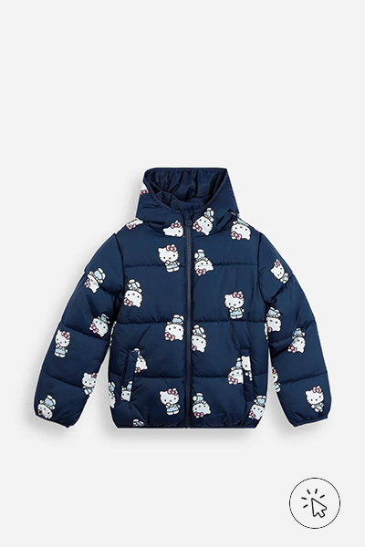 Jaqueta puffer infantil com capuz Hello Kitty azul-marinho