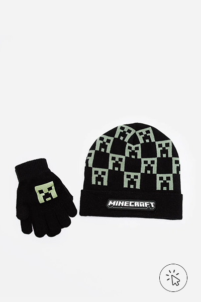 Kit infantil de gorro e luvas de tricô Minecraft preto