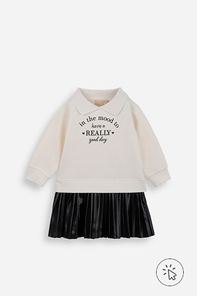 Vestido infantil de moletom polo e saia plissada off-white e preto