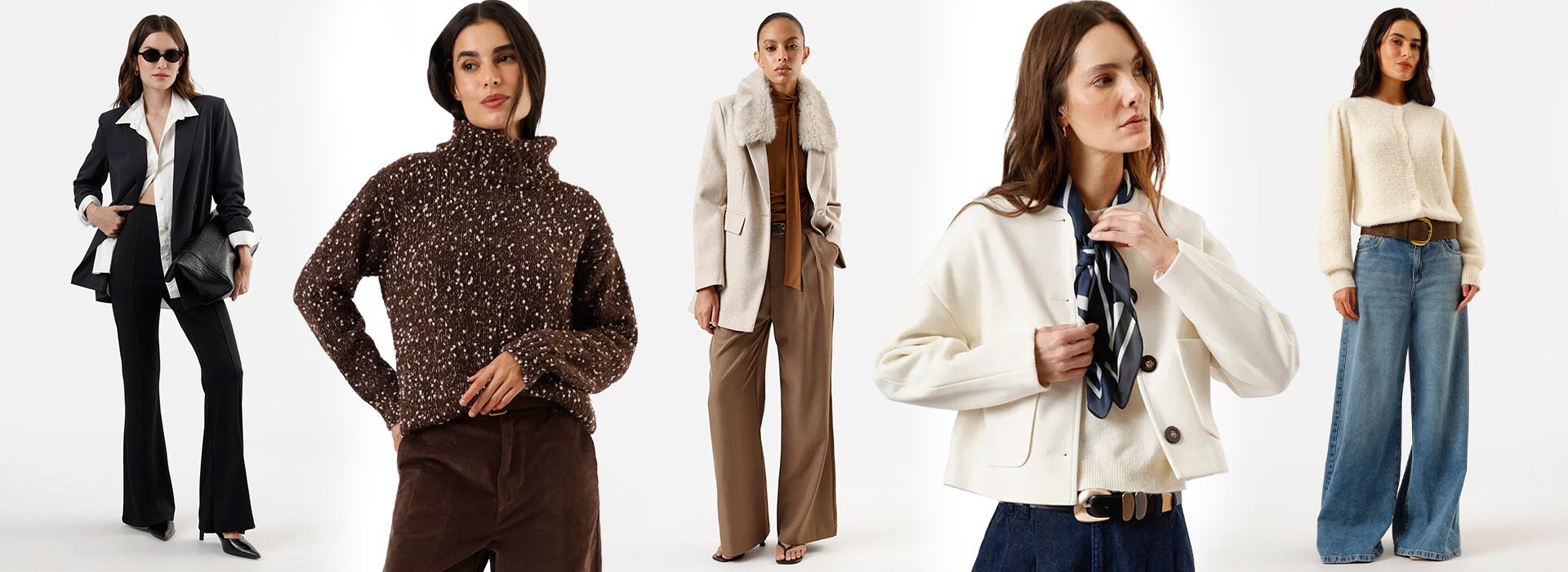 Montagem com várias modelos e cada um delas está usando um look de frio pra trabalhar