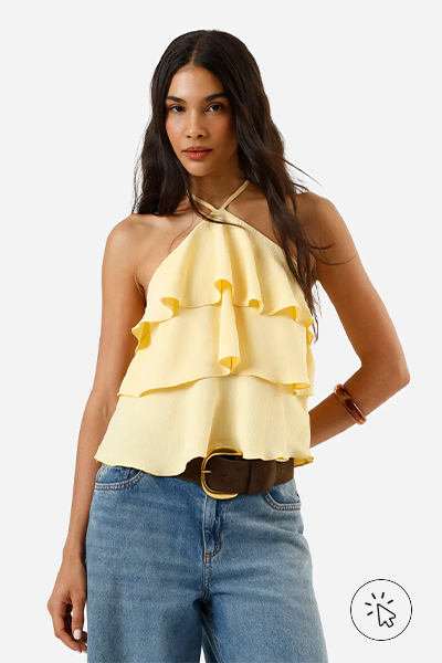 Blusa halterneck feminina com babados texturizada amarelo claro - brasil core - o que é brasilcore