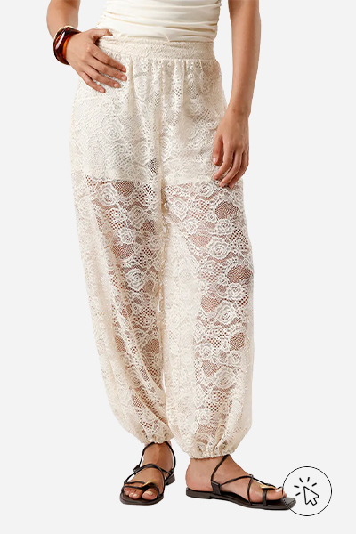 Calça aladim feminina de renda floral bege areia - brasil core - o que é brasilcore