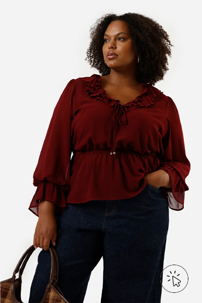 Blusa feminina com babados plus size vinho - burgundy cor - vermelho burgundy - o que é burgundy - que cor é burgundy