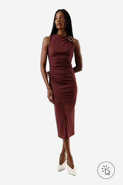 Vestido mídi feminino franzido com fivela vinho - burgundy cor - vermelho burgundy - o que é burgundy - que cor é burgundy