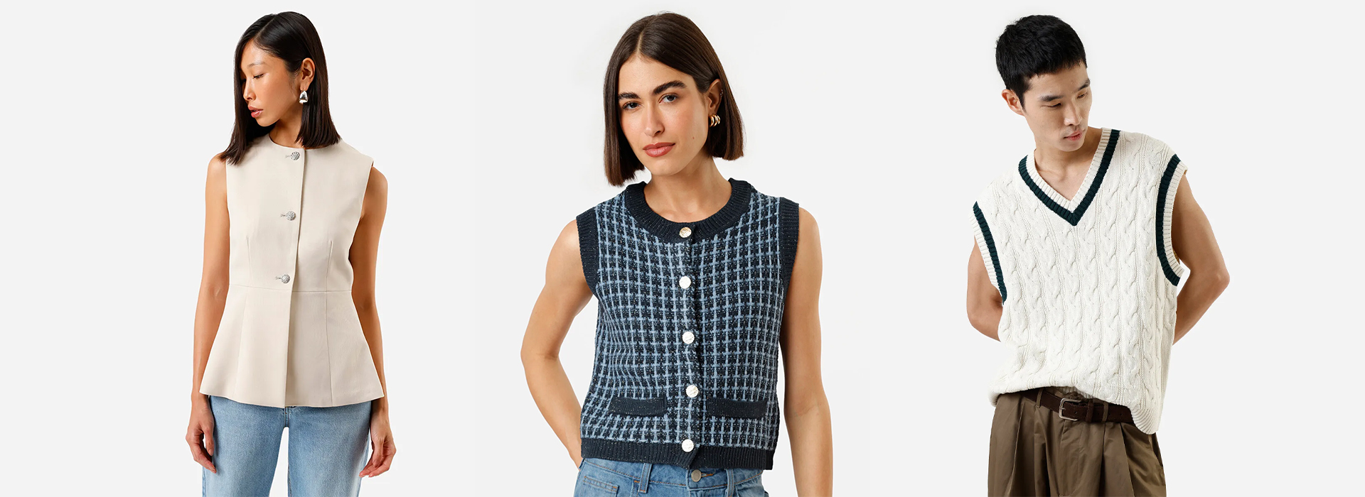 Montagem com looks com colete de tricô feminino e masculino