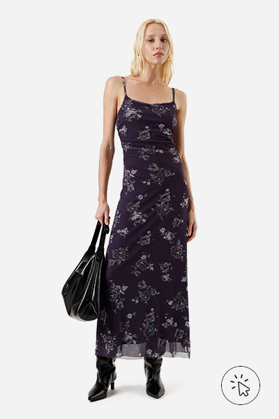 Vestido longo de alças finas feminino de tule com franzido floral roxo