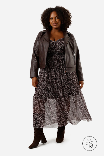 Vestido mídi de tule com recorte floral plus size marrom escuro