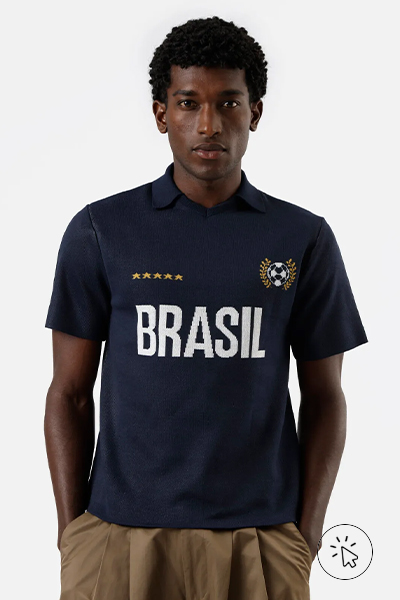Camiseta masculina de tricô com gola Brasil azul-marinho
