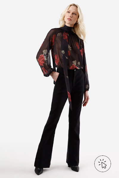 Blusa feminina gola alta com amarração floral preta e vermelha