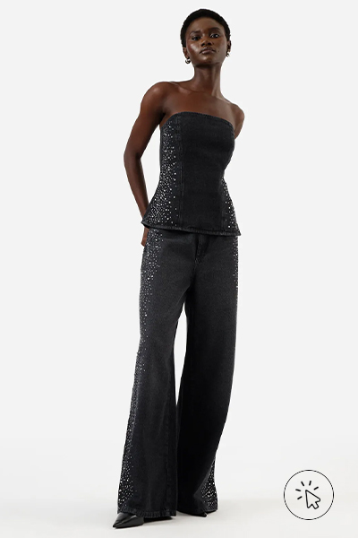 Calça wide leg feminina jeans com brilho cintura alta preta