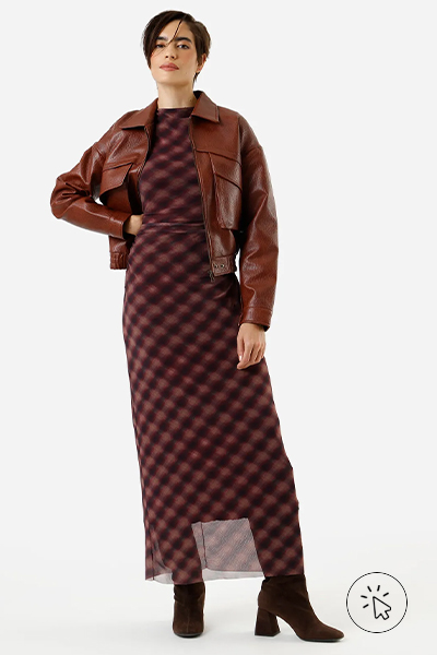 Vestido mídi feminino de tule franzido xadrez roxo