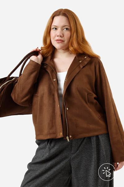 Jaqueta feminina de suede gola alta plus size marrom