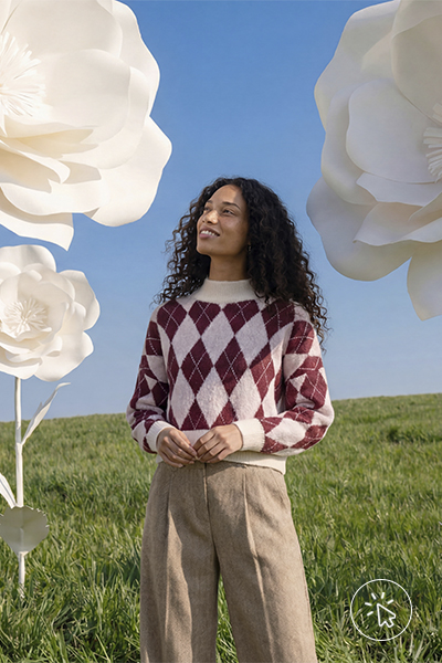 Preview Primavera C&A 2026 - suéter estampa argyle roxo e rosa claro