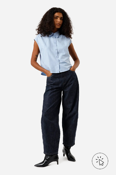 Calça baggy feminina jeans cintura média azul escuro