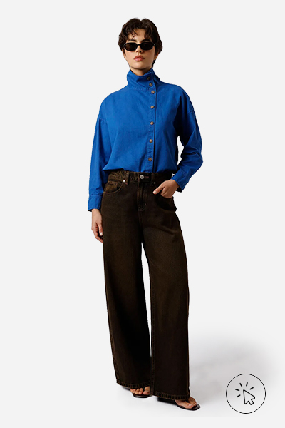 Camisa feminina de algodão manga longa funnel neck Mindset azul royal